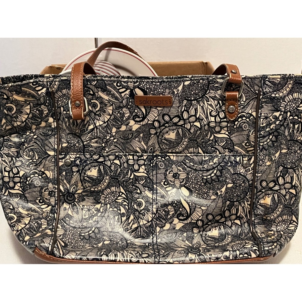 Sakroots Convertible‎ Tote Bag Black White Floral Print Leather Accents